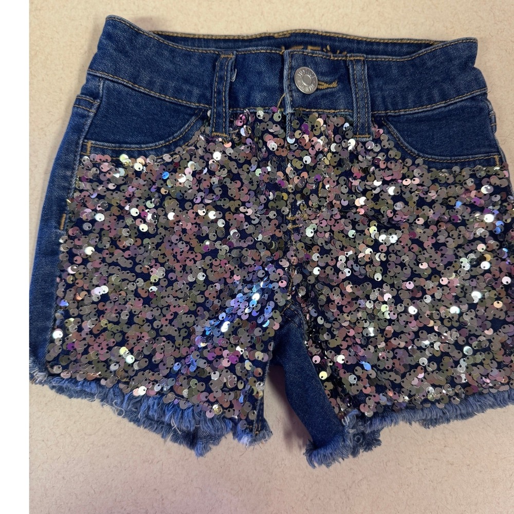 Justice Girls Denim‎ Sequin Shorts Dark Wash Frayed Hem Size 6 Sparkly Blue